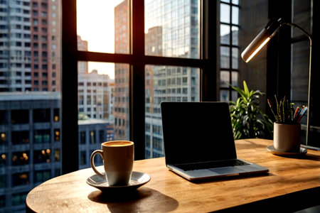 Coffee cup and laptop on wooden table with city view background