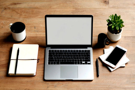 Working space with laptop, smartphone, coffee cup and notebook on wooden table