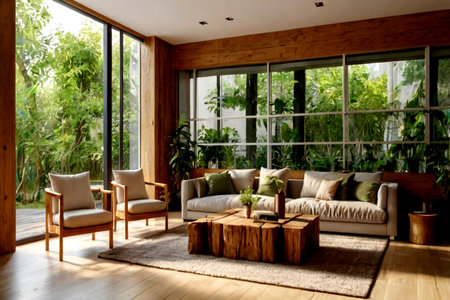 Interior of modern living room with wooden furniture and natural view.