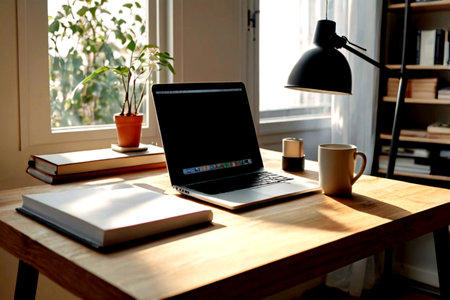 laptop on the table with books and a cup of coffee at home