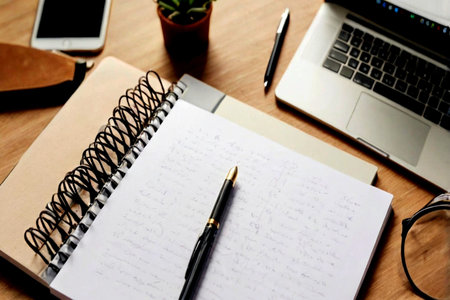 Notebook with pen and laptop on the wooden table. Business concept