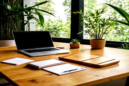 Laptop with blank screen on wooden table in office. Workplace with laptop, notebook and stationery.