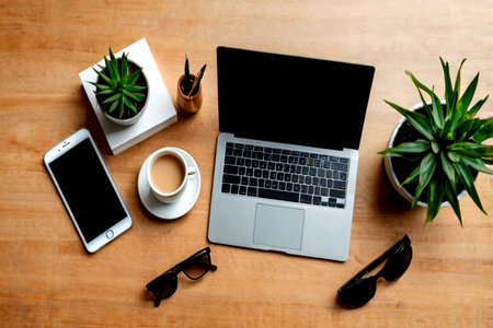 Top view of office desk with laptop, smartphone, plant, coffee cup and glasses
