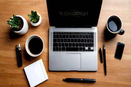 Laptop with coffee cup and notebook on wood desk, stock photo
