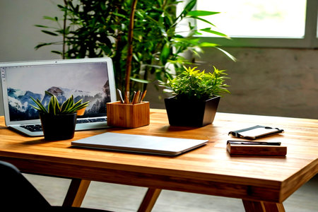 Workplace with laptop, smartphone, plant on wooden table