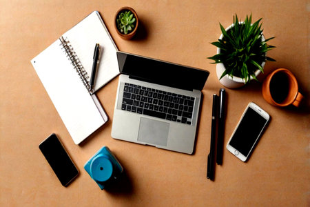 Flat lay of workspace with laptop, smartphone, notebook and coffee cup