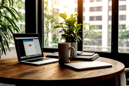 Laptop and coffee cup on wooden table in coffee shop, stock photo