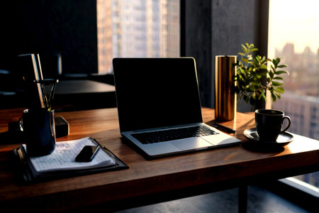 Mockup image of laptop computer with blank black screen on wooden table in modern workplace with...