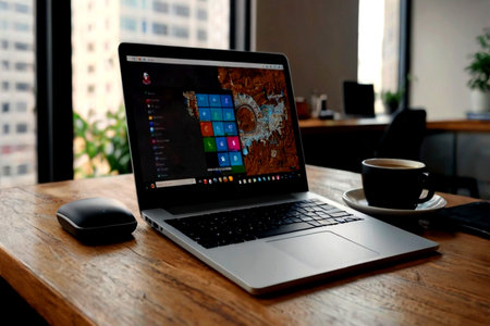 Laptop on a wooden table in a cafe with a cup of coffee