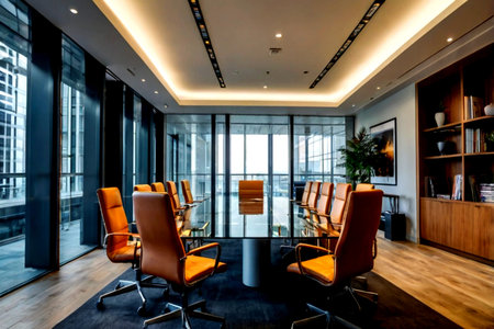 Modern conference room with brown armchairs and panoramic windows.