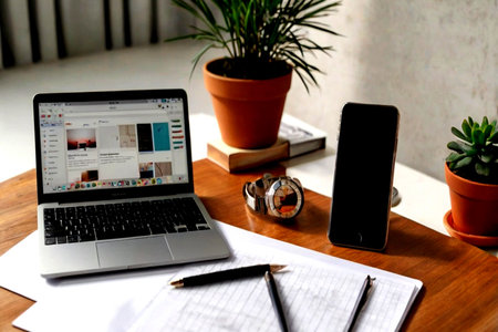 Workplace with laptop, mobile phone and notebook on wooden table.