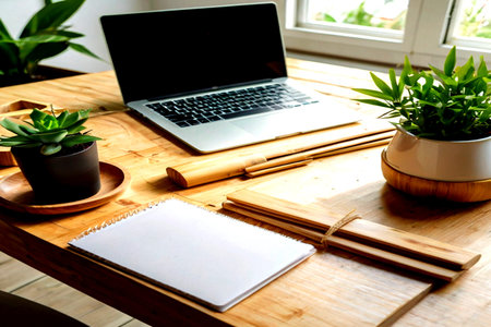 Wooden table with laptop, notebook and plant in home office.