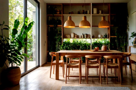 Interior of a modern dining room with wooden furniture and plants.