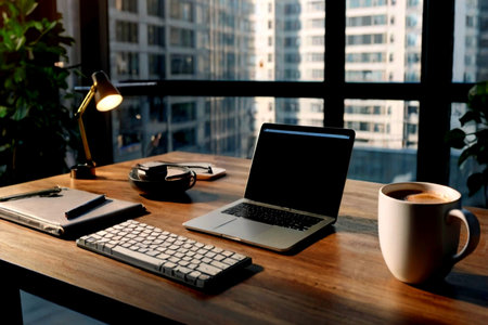 Working space with laptop computer and coffee cup on wooden desk in office