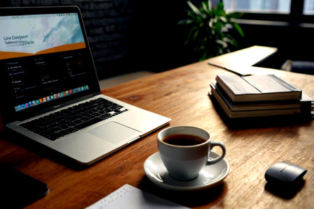 Coffee cup with laptop and books on wooden table in office