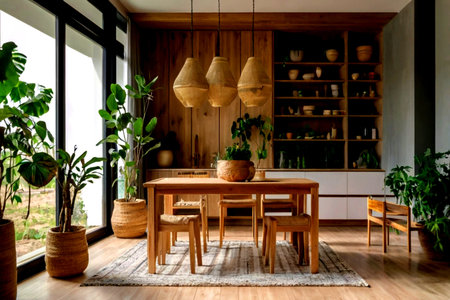 Interior of modern living room with wooden furniture and plants in pots