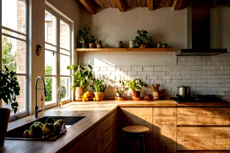 interior of modern kitchen with brick wall and wooden furniture, nobody