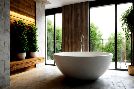 Interior of modern bathroom with wooden walls, concrete floor and white bathtubの写真素材