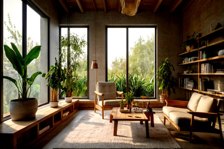 Interior of modern living room with wooden furniture and green plants. Nobody insideの写真素材