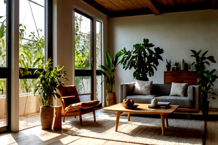 Interior of modern living room with sofa, coffee table and plants