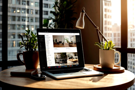 Modern workplace with laptop and coffee cup on wooden table at home office