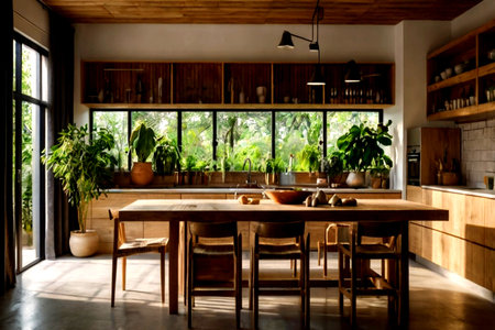 Interior of modern kitchen and dining room with wooden furniture. Nobody inside