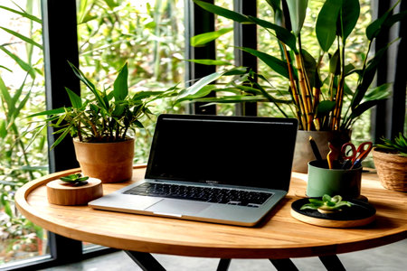 Laptop with blank screen on wooden table in coffee shop, stock photoの写真素材