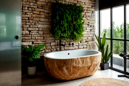 Bathtub in modern bathroom interior with stone wall and plants.