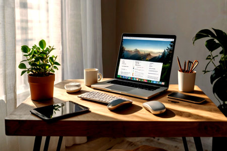 Workplace with laptop and coffee cup on wooden table at home.