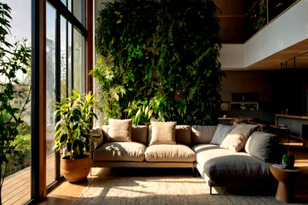 interior of modern living room with sofa and plant, nobody inside