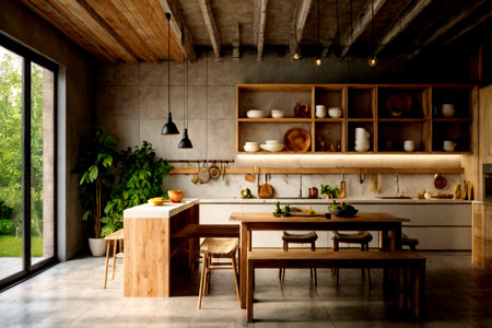 Interior of a modern kitchen in loft style. 3d rendering