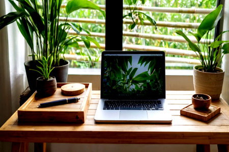 laptop computer on wooden table with green plant in home office.の写真素材