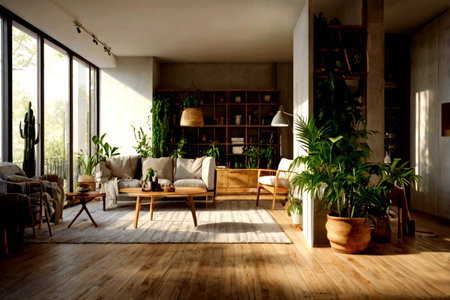 interior of modern living room with wooden floor, sofa and plantsの写真素材