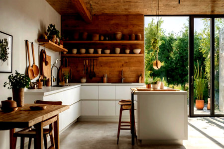 interior of modern rustic kitchen with white furniture and wooden wall
