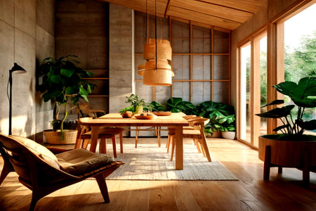 Interior of modern living room with wooden furniture and plants in pots