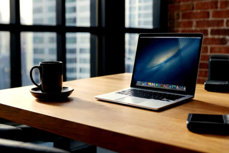 Laptop and coffee cup on wooden table in modern office with city view