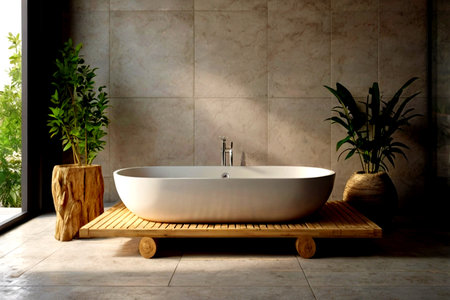 Bathroom interior design with bathtub, potted plants and wooden bench