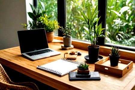 Working space with laptop, notebook and houseplants on wooden table