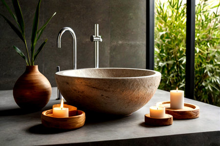 Modern bathroom interior design with wooden bathtub, candles and plant.の写真素材