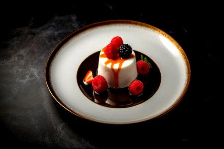Panna cotta with berries on a black background. Toned.