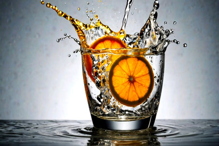 Glass of splashing water with slice of orange on grey background.の写真素材