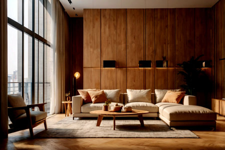 Luxury living room interior design with wooden walls, wooden floor, comfortable beige sofa and...