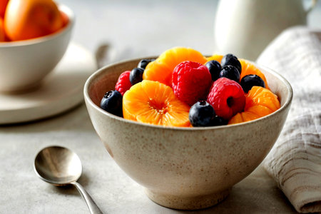 Healthy breakfast bowl with oatmeal, berries and fruits on light background