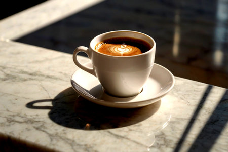 Cup of coffee with heart shape on white marble table in sunlight