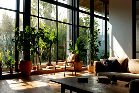 Interior of a modern living room with a large window and plants