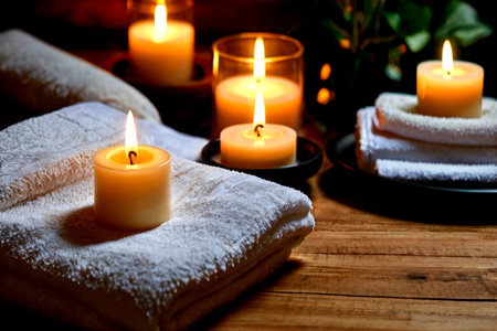 Spa still life with candles and towels on wooden background, closeup