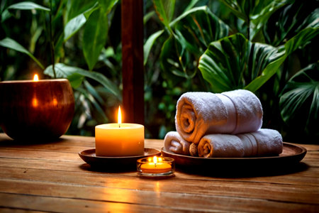 Spa still life with candles and towels on wooden table in spa salon