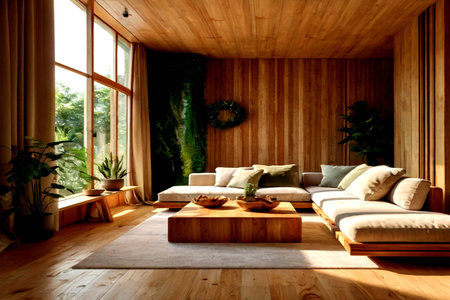 Interior of a modern living room with wooden walls and wooden floorの写真素材
