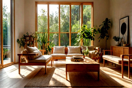 Interior of a modern living room with a large window overlooking the garden