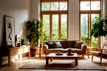 Interior of a cozy living room with a large window and a sofaの写真素材